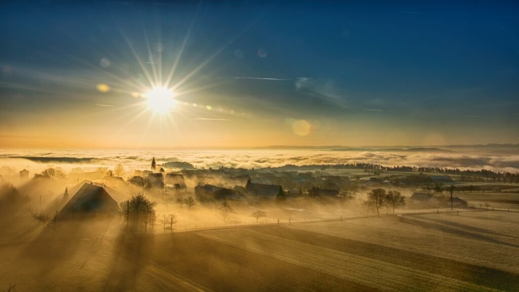 village, sunlight, fields