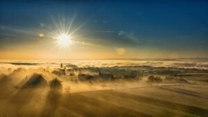 village, sunlight, fields